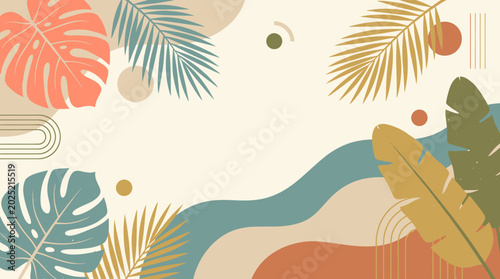Bild auf Leinwand A boho summer illustration of tropical leaves and abstract shapes in vibrant col