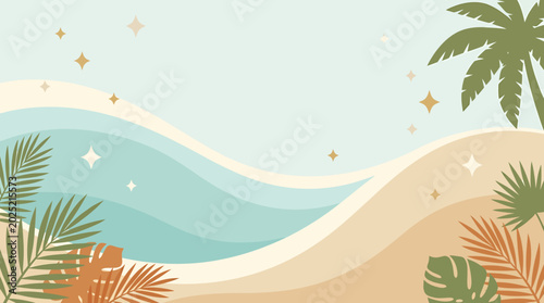 Quadro su tela Boho summer vibes abound in a serene beach scene with palm trees and tropical leaves on sandy shores