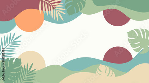 Tableau sur toile Boho summer vibes abound in a whimsical illustration of tropical leaves and abstract shapes