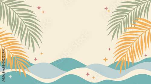 Cuadro en lienzo Vibrant tropical abstract illustration of palm trees swaying over serene ocean waves at sunset