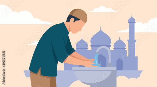 Fotografie Muslim man performing ritual ablution (wudu) with mosque background