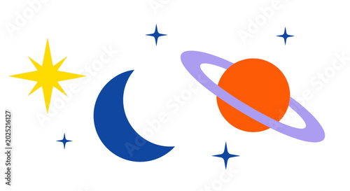 Minimalist flat space icons with planet moon and stars