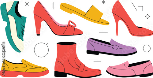 Photos Colorful footwear collection vector illustration featuring sneakers, heels, boot