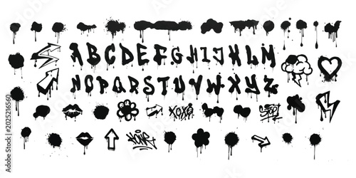 Schilderij op canvas Black spray paint graffiti alphabet letters with drips and street art design ele