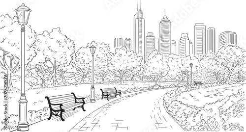 City park line art vector illustration with benches, trees, street lamps, pathway, and modern urban skyline sketch artwork