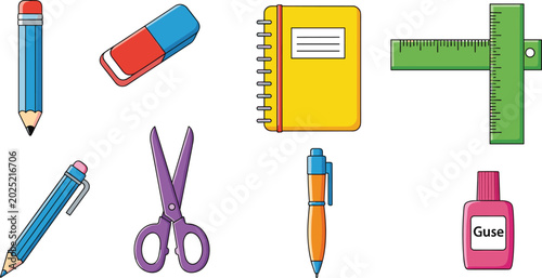 Tableau sur toile Colorful School and Office Supplies Vector Set Featuring Pencil, Pen, Eraser, No
