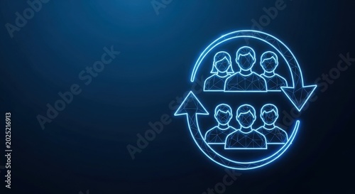Digital glowing neon outline of interconnected human figures within a circular arrow representing team collaboration and business network dynamics