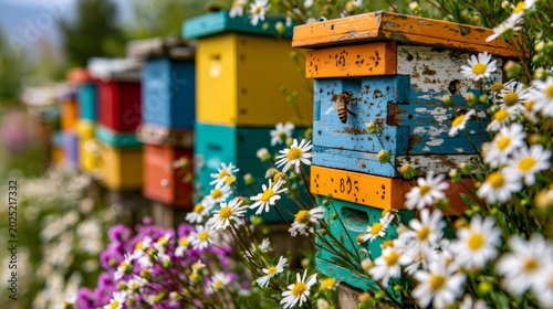 Honey bee flying near colorful beehives in spring garden