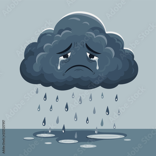Foto A sad, crying storm cloud raining down on puddles on the ground.