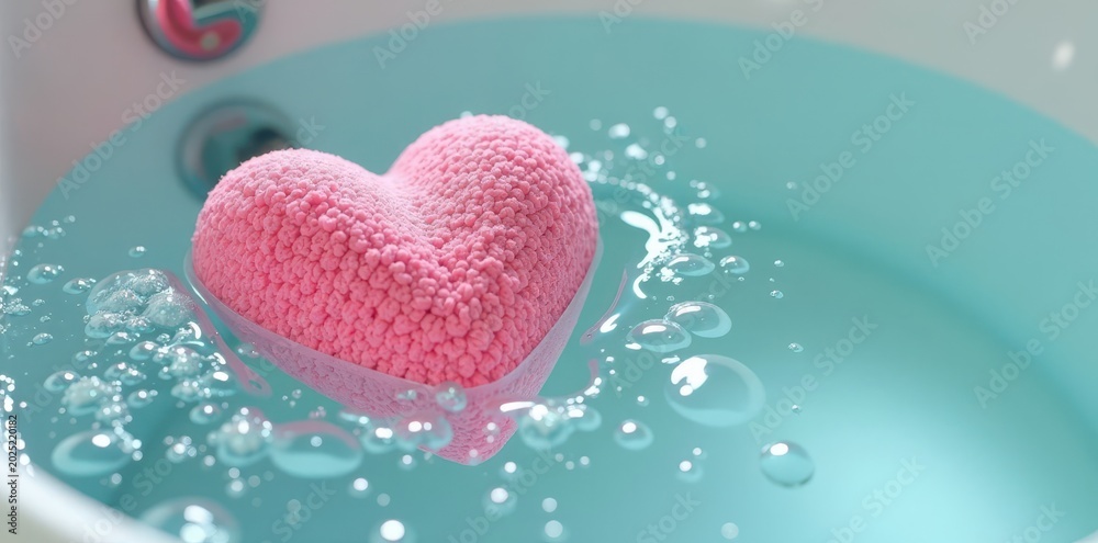Obraz premium Heart-shaped sponge in a bathtub, surrounded by bubbles and water droplets , heart shaped sponge, soap