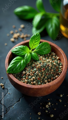 herbs in wooden bowl on dark stone background, botanicals, spices