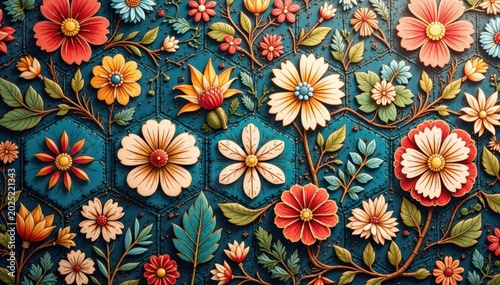 Hexagon mosaic with traditional floral patterns, floral patterns, geometric tiles
