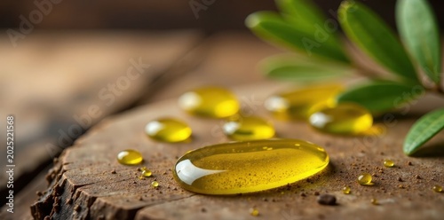 High-quality extra virgin olive oil droplets on a wooden surface, oil, extra virgin