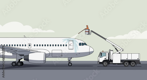 Cuadro en lienzo Airplane cleaning service on airport tarmac with cherry picker truck