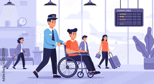 Tableau sur toile Airport Assistant Pushing Person in Wheelchair Towards Departures Gate
