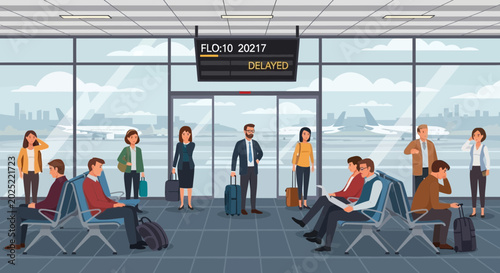 Obraz na plátně Airport terminal with passengers waiting due to delayed flight, travel disruptio