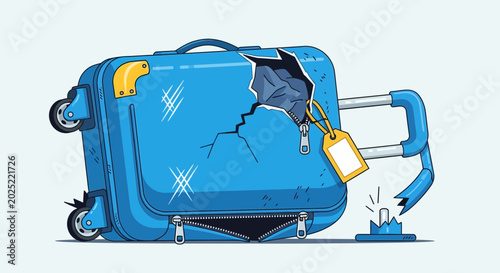 Bild auf Leinwand Broken Blue Luggage with Damaged Handle and Zipper, Travel Problems