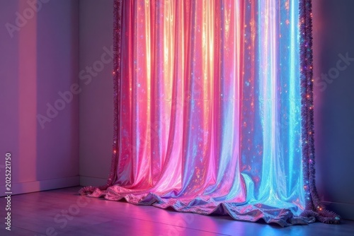 Holographic foil fringe curtain draped across a room with tinsel trim , fringe, party