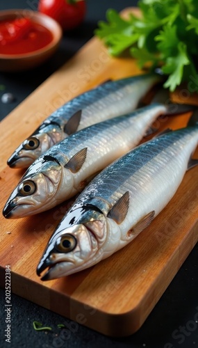 Icy mackerel fillets on a wooden cutting board, seafood, food preparation