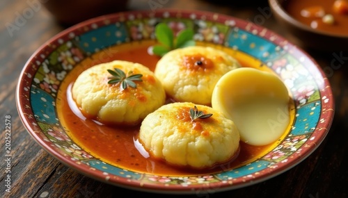 Idli with flavorful sambar and a dollop of ghee on a colorful ceramic plate , traditional, south indian