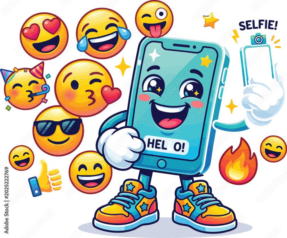 Fototapeta premium Smiling cartoon smartphone with emojis