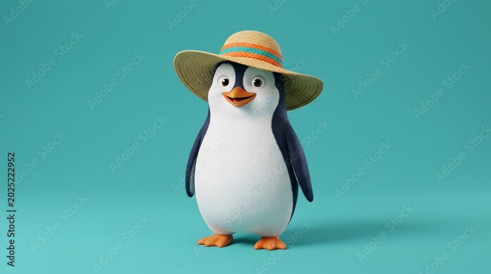 Obraz premium Cute 3D cartoon penguin wearing straw summer hat smiling on turquoise blue background