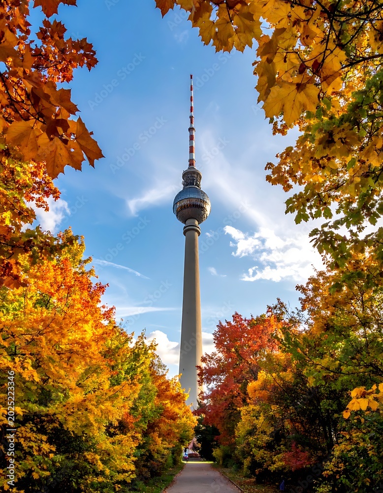 Obraz premium A tall tower with colorful trees