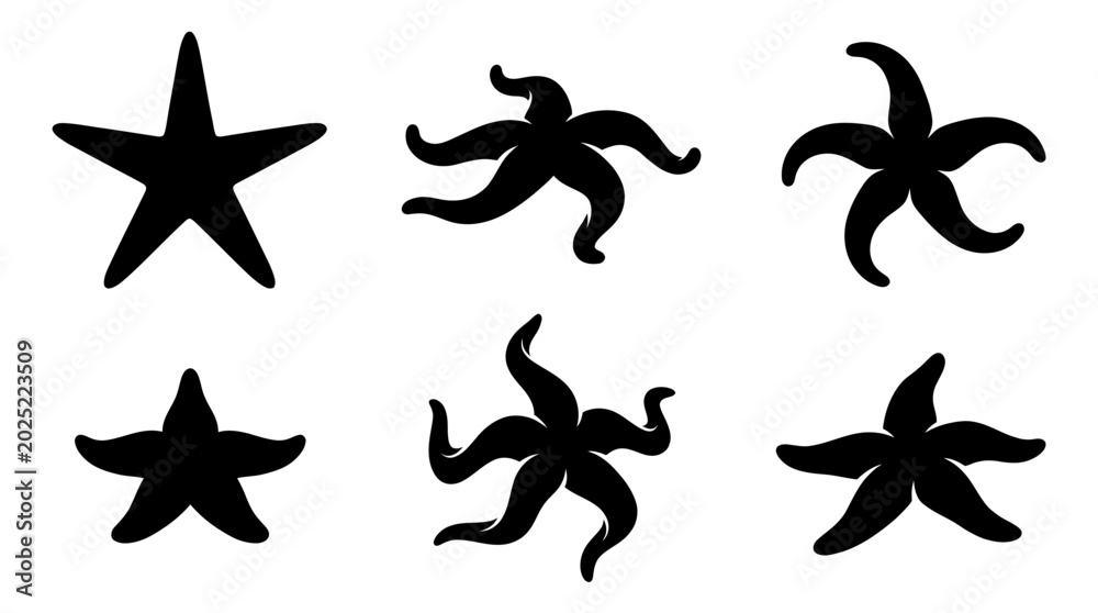 Obraz premium starfish silhouettes in top view, solid black shapes.