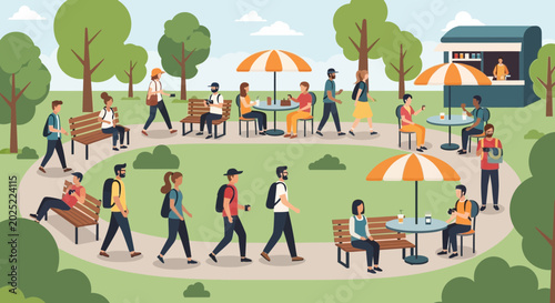 Foto People enjoying a sunny day in a vibrant park with food stalls and recreational activities