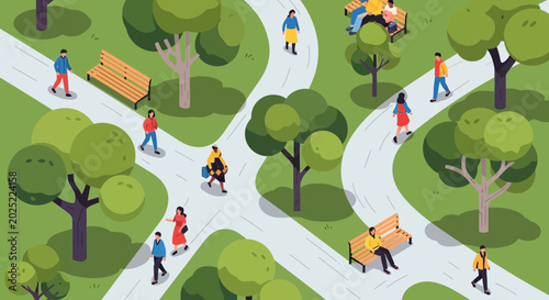 Εκτύπωση καμβά People walking and relaxing in a green park with trees and benches, isometric vi