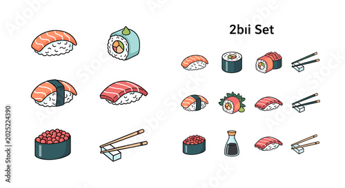 Obraz na płótnie Detailed illustrations of various sushi types including nigiri, maki, and gunkan, accompanied by chopsticks and soy sauce, presented in a pixel art style
