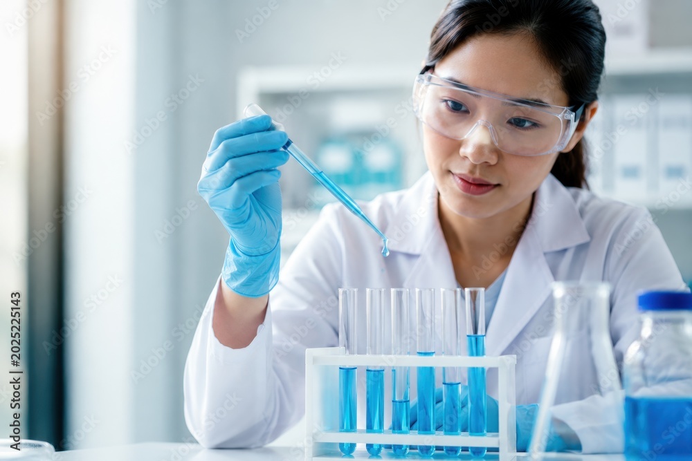 Fototapeta premium Female Scientist Conducting Laboratory Research with Test Tubes and Pipette
