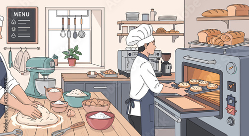 Photos Two bakers diligently working in a bustling bakery kitchen, preparing fresh pastries and bread with various baking equipment