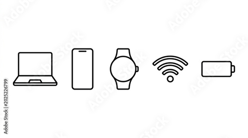 Modern technology line icon pack featuring laptop smartphone smartwatch wifi and battery symbols