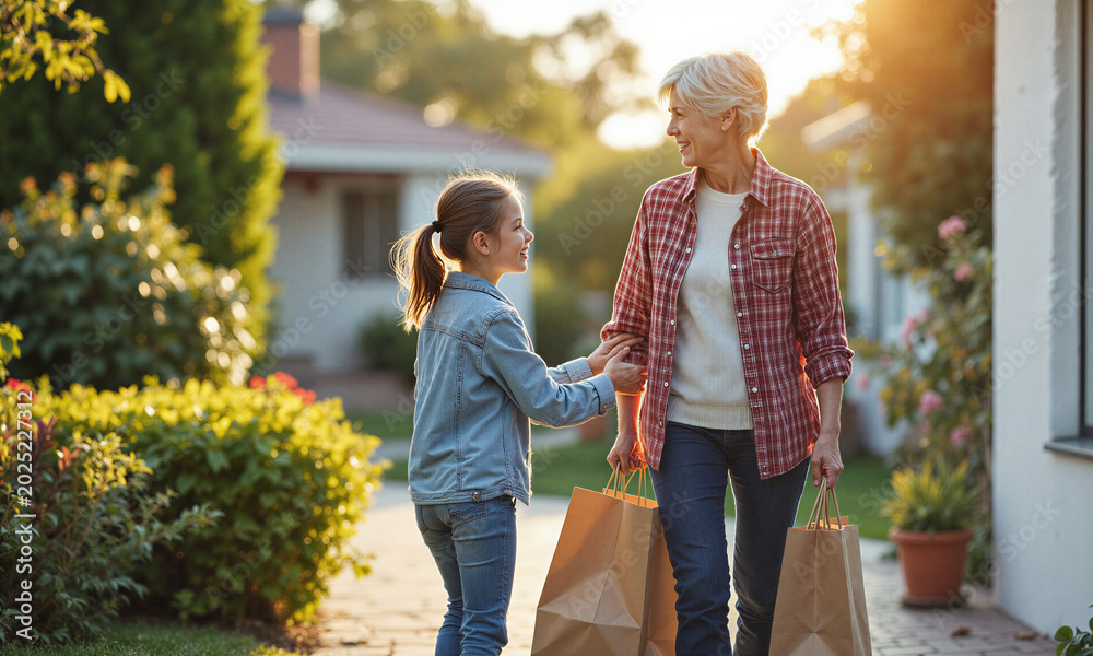 Naklejka premium Grandmother grandchild groceries girl helping grandmother carry shopping bags at home under warm sunset light