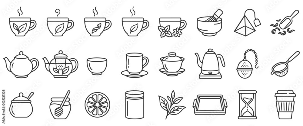 Fototapeta premium Tea and hot beverage line icon set including teapots, cups, matcha bowl, honey, lemon, and brewing accessories for cafe menus.