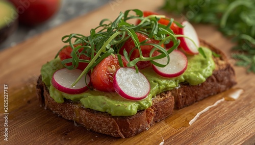 Delicious toast with avocado and vegetables.
