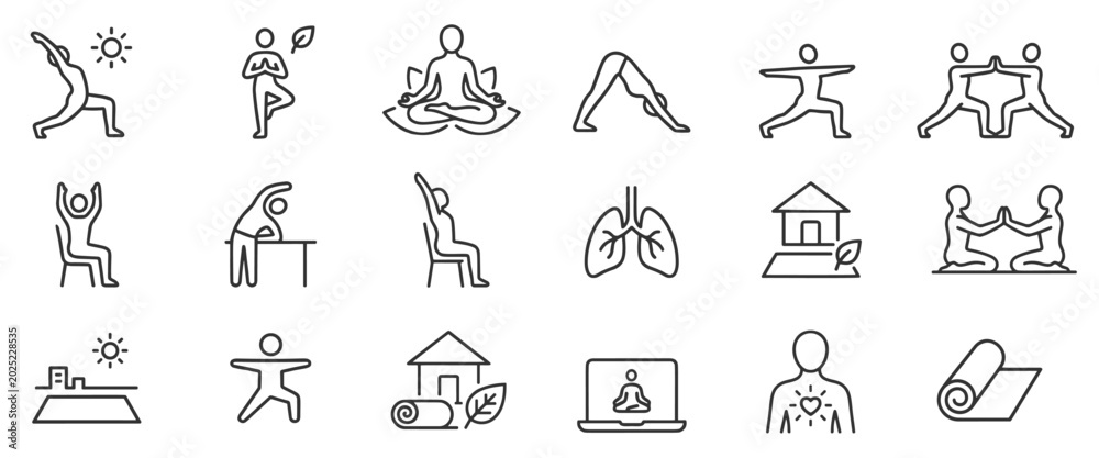 Fototapeta premium Minimalist line icons illustrating various yoga poses, meditation practices, breathing exercises, and home fitness routines for health and wellness