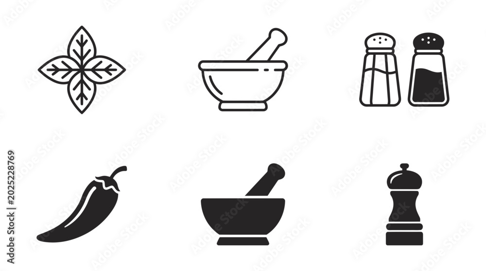 Fototapeta premium Cooking herbs spices kitchen tools icons set with basil chili mortar shakers - line and glyph, ingredients