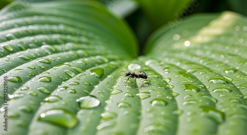 A close-up view of a small insect on a large green leaf with water droplets.