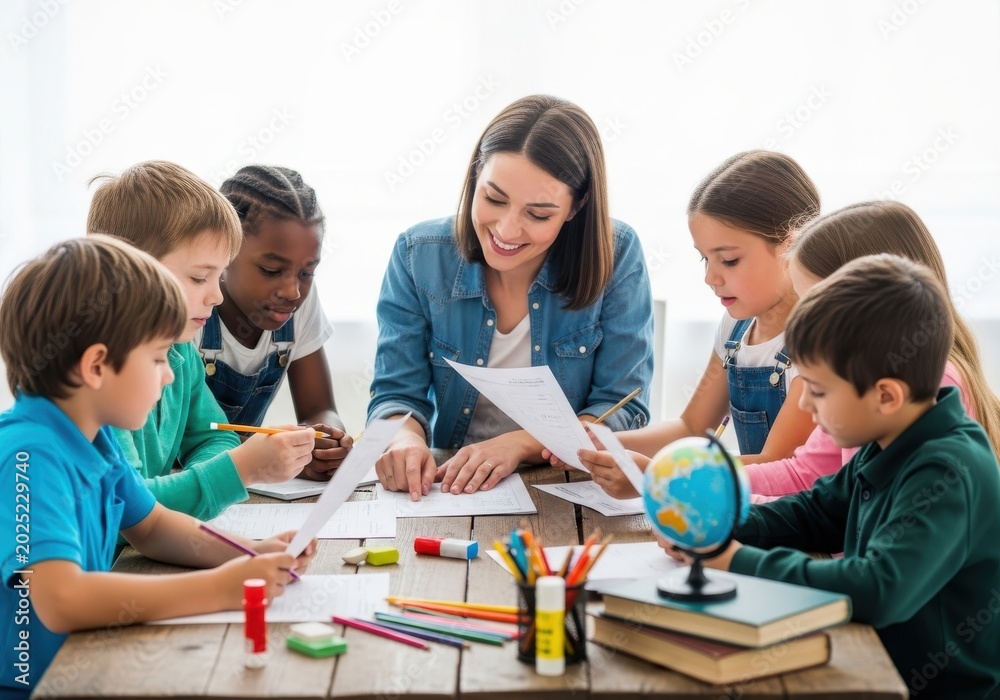 Fototapeta premium Teacher Assisting Elementary Students With Science Experiment In Classroom