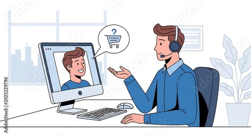 Man in blue shirt sits at desk talking on headset to customer service on computer screen