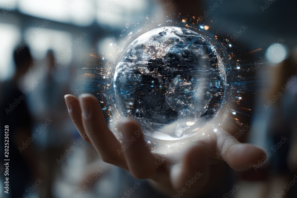 Fototapeta premium Hand holds a holographic Earth, glowing particles