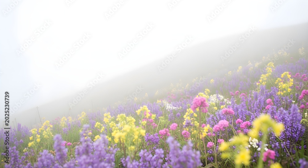 Obraz premium Vibrant wildflowers in a lush field on a foggy day with a hill in the background
