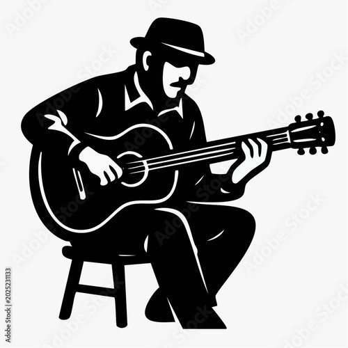 A black-and-white stylized illustration of a seated man wearing a hat playing an acoustic guitar in a monochromatic artistic style