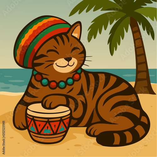 A cartoon brown tabby cat wearing colorful hat and beads, playing djembe drum on tropical beach under palm tree, serene expression, vibrant artistic style, summer vacation, relaxed, fun, mus