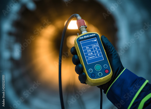 Industrial worker using a portable gas detector to measure air quality and check for hazardous gases before entering a confined space. Essential safety procedure and hazard prevention.