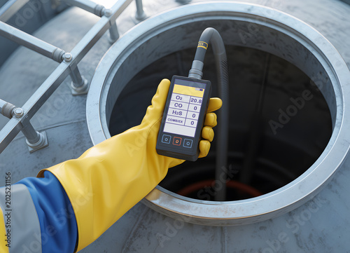Industrial worker using a portable gas detector to measure air quality and check for hazardous gases before entering a confined space. Essential safety procedure and hazard prevention.