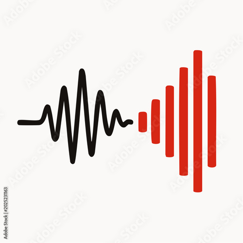 A stylized waveform transitioning into a series of red sound bars on a white background, symbolizing audio signal conversion in a minimalist modern graphic design