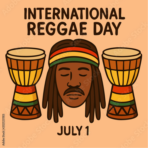 International Reggae Day celebration, dreadlocked man with headband and drums, vibrant colors, July 1st, music festival, cultural event, Jamaica